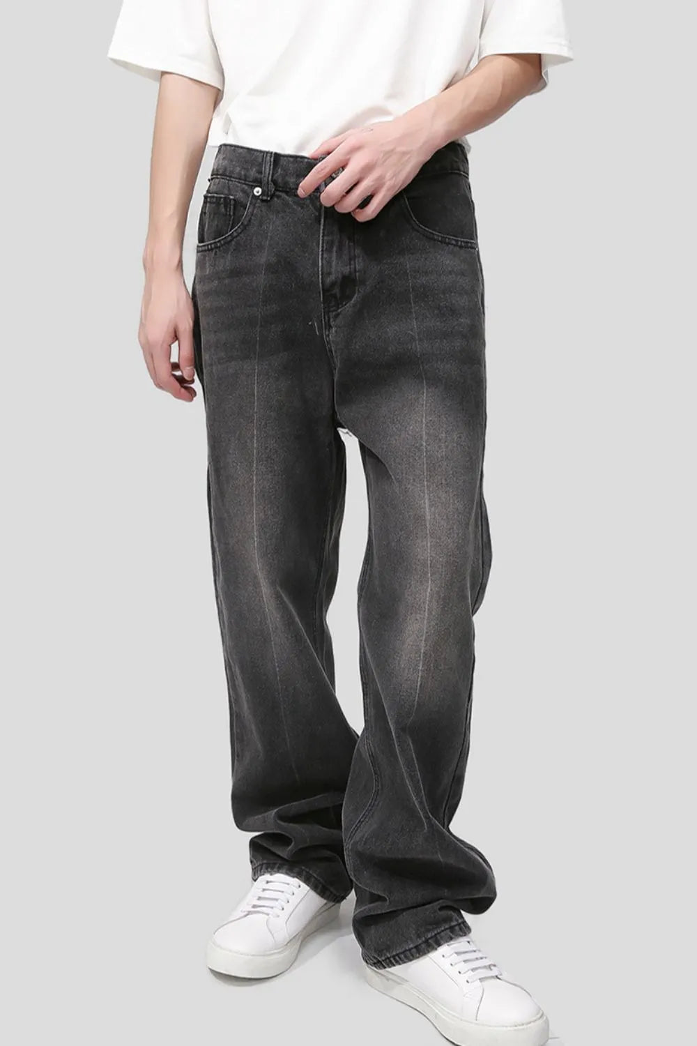 Light blue plush fashion shop baggy denim jeans with large front pockets, relaxed fit, and distressed details.