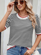 Striped casual T-shirt with contrast trim, made by Trendsi, featuring a comfortable fit and stylish design for everyday wear.