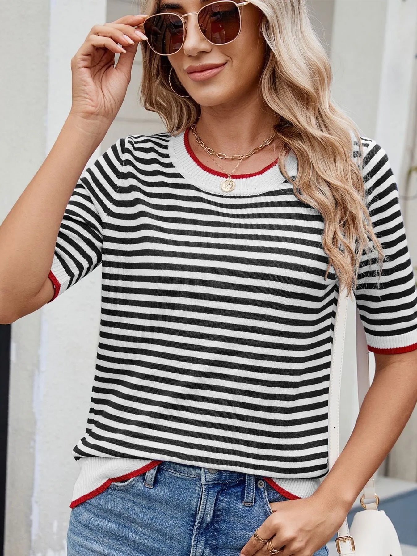 Striped casual T-shirt with contrast trim, made by Trendsi, featuring a comfortable fit and stylish design for everyday wear.