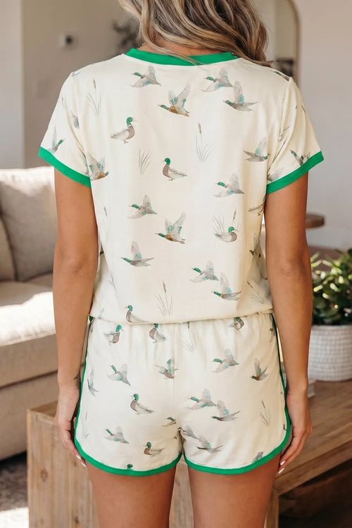 Mallard printed colorblock trim short set by Trendsi, featuring a stylish matching top and shorts with bold color accents.
