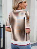 Striped casual T-shirt with contrast trim from Trendsi, featuring a comfortable fit and stylish design.