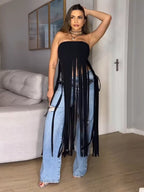 Trendsi fringe trim tube top with colorful, textured fringe detail on a fitted, strapless design for a stylish summer look.