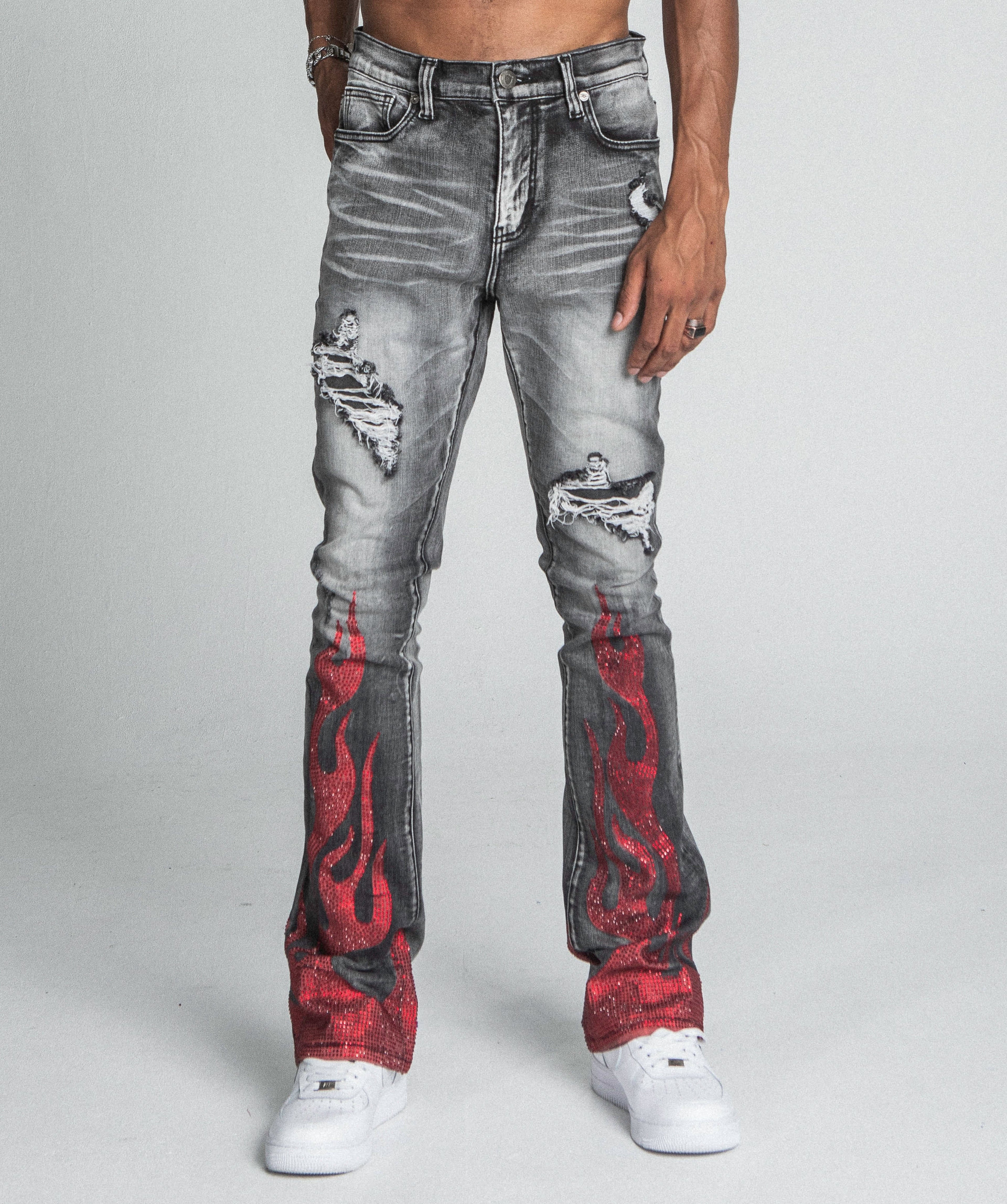 AJ23SK FLAME RHINESTONE STACKED JEANS