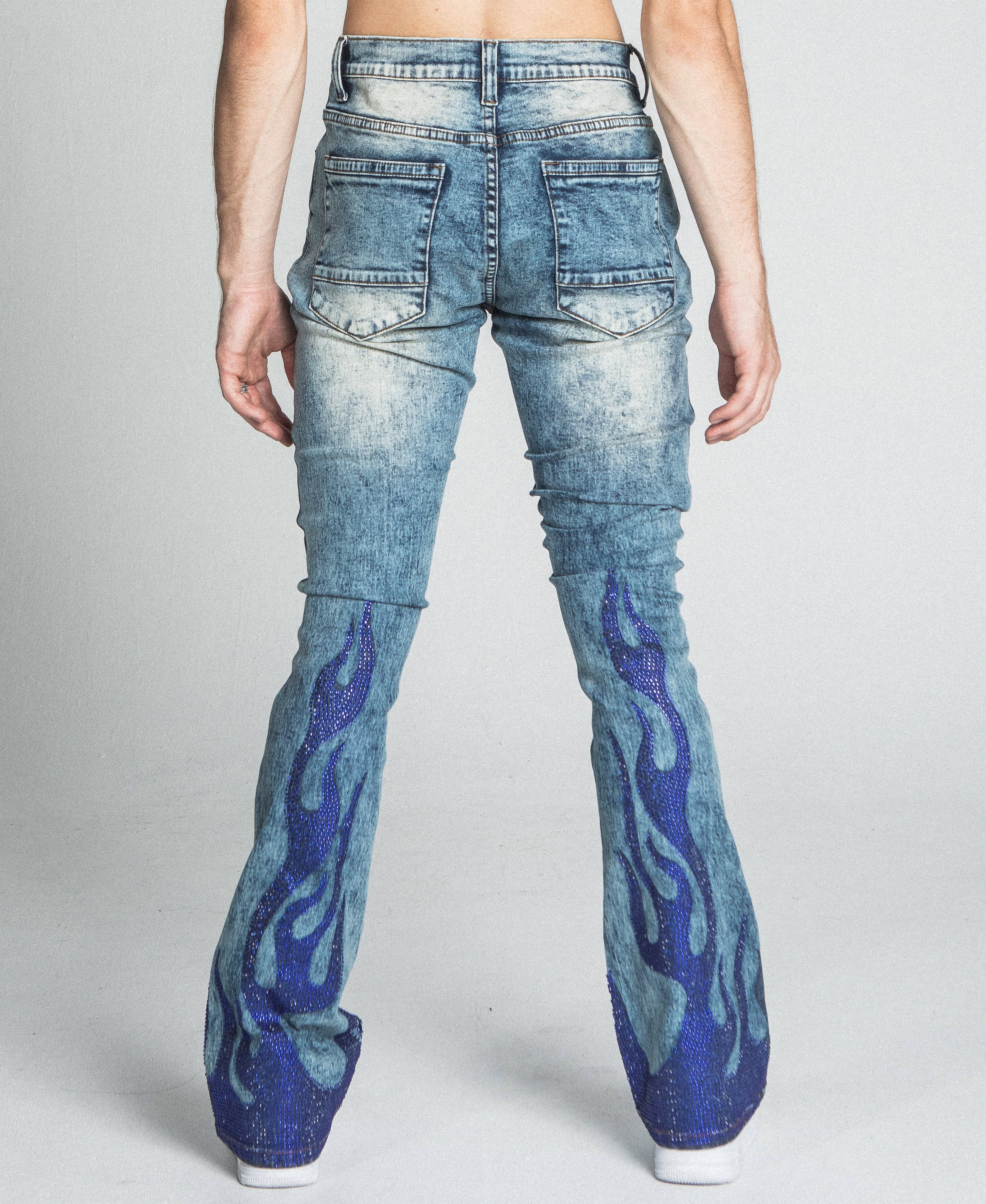 AJ23SK FLAME RHINESTONE STACKED JEANS