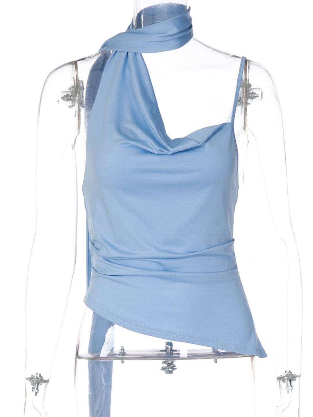 Women's asymmetrical ruched cami top with tie detail, stylish trendy women's top featuring unique design and flattering fit.
