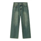 Light blue plush fashion shop pocketed baggy denim jeans with relaxed fit and large front and back pockets.
