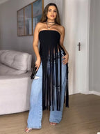 Trendsi fringe trim tube top featuring a fitted design with decorative fringe detail on the hem, styled for casual wear.