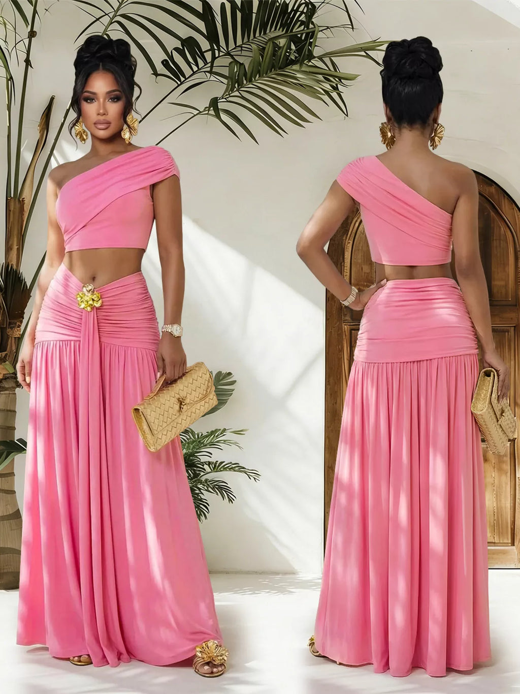 Trendsi one-shoulder top and ruched maxi skirt set, stylish matching outfit featuring a fitted top and flowing skirt.