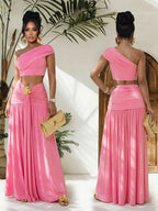 Trendsi one-shoulder top and ruched maxi skirt set, stylish matching outfit featuring a fitted top and flowing skirt.