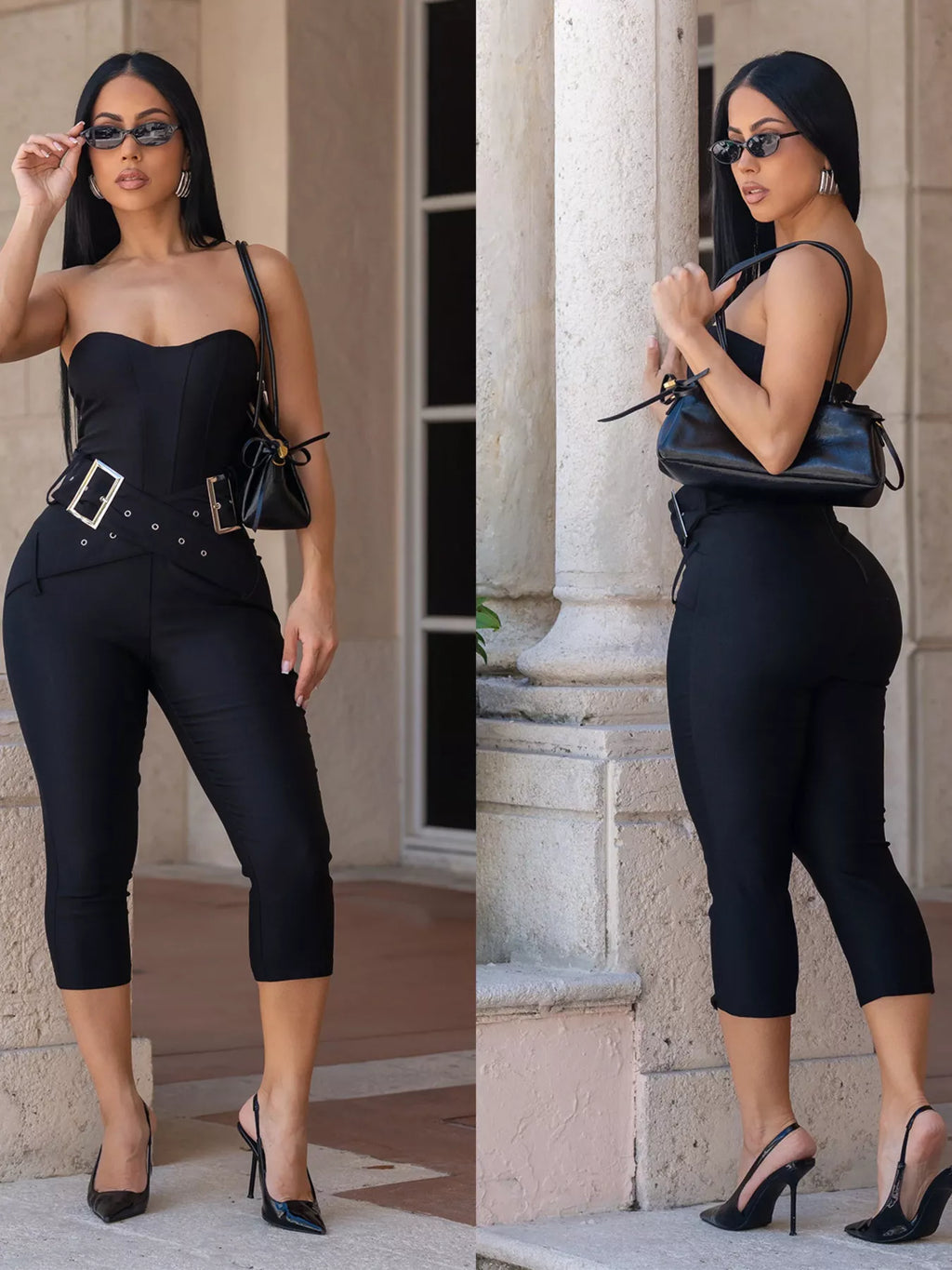 Black belted tube skinny jumpsuit from Trendsi featuring a fitted silhouette and stylish design.