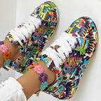 Women’s round-toe thick-sole lace-up sneakers by FitiqueFit, casual print shoes, featuring a sturdy sole and stylish design.