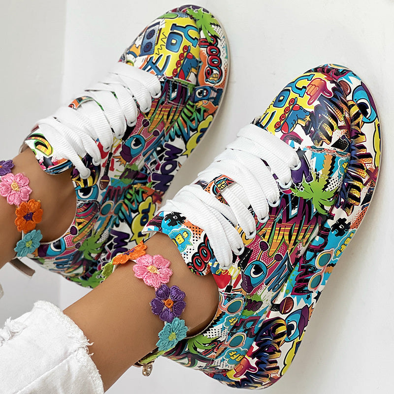 Women’s round-toe thick-sole lace-up sneakers by FitiqueFit, casual print shoes, featuring a sturdy sole and stylish design.