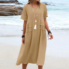 Women's Casual Cotton Linen Short-Sleeve Midi Dress