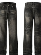 Men's vintage washed frayed hem jeans from Trendsi, showing distressed denim with a relaxed fit and frayed bottom hem.