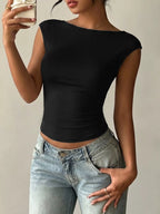 Lace detail cap-sleeve T-shirt by Trendsi, showing soft fabric with delicate lace accents on the sleeves and neckline.