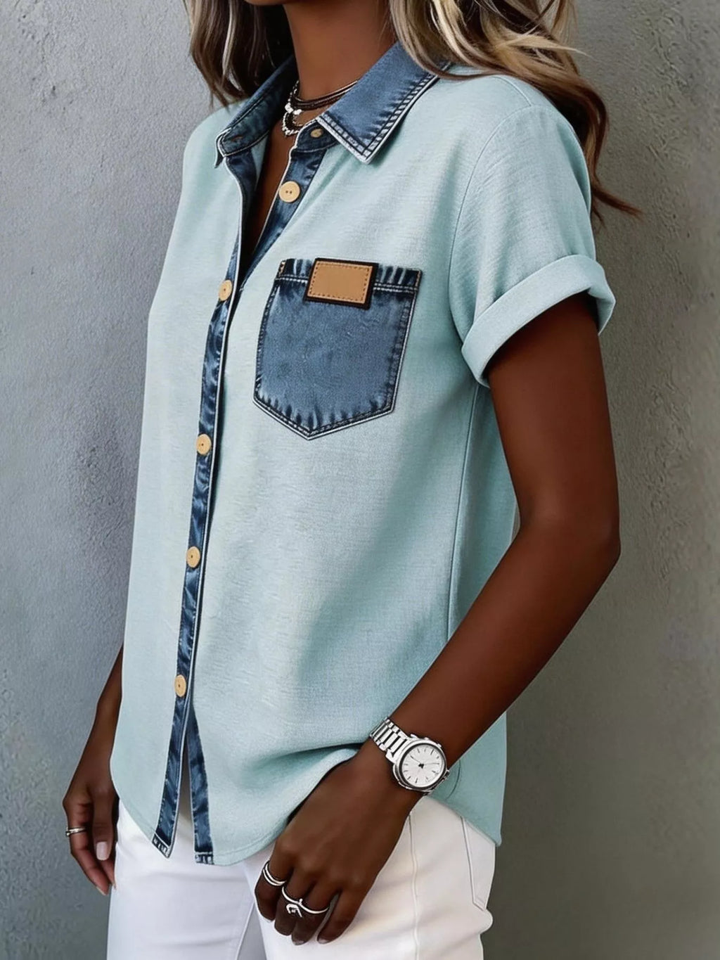Trendsi denim trim short sleeve shirt with casual fit, featuring denim accents on a lightweight, breathable fabric top.