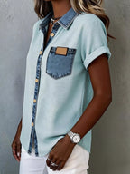 Trendsi denim trim short sleeve shirt with casual fit, featuring denim accents on a lightweight, breathable fabric top.