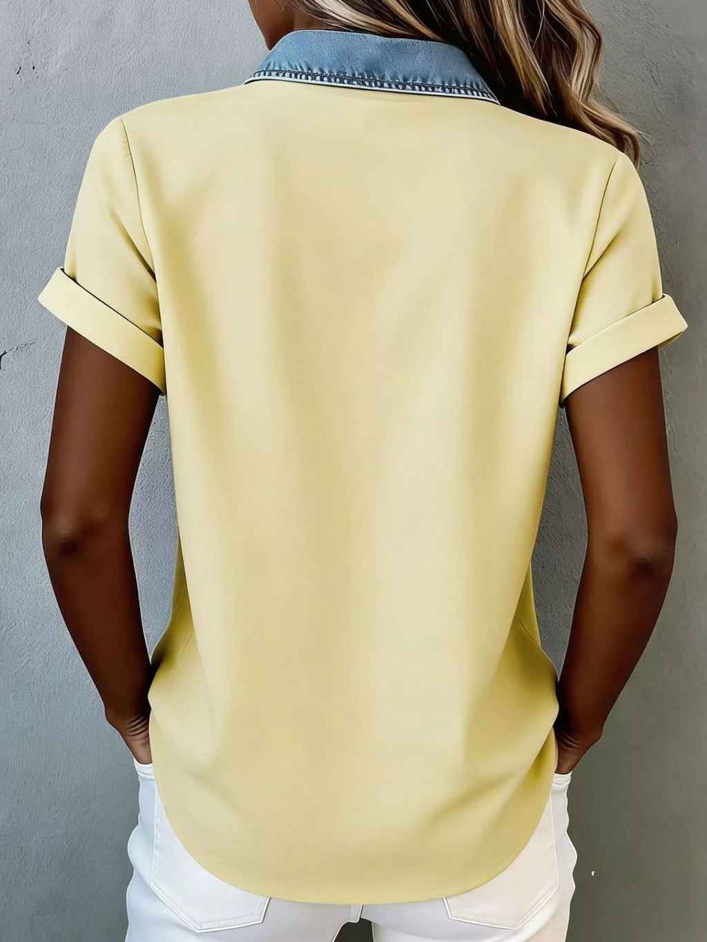 Denim trim short sleeve shirt from Trendsi, featuring a casual design with denim accents and a relaxed fit.