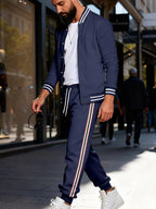 Men's plus size striped snap down top and matching pants set by Trendsi, featuring a full-size, comfortable, stylish design.