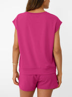 Women's soft round neck cap sleeve lounge set with drawstring shorts, featuring a relaxed fit and comfortable fabric.