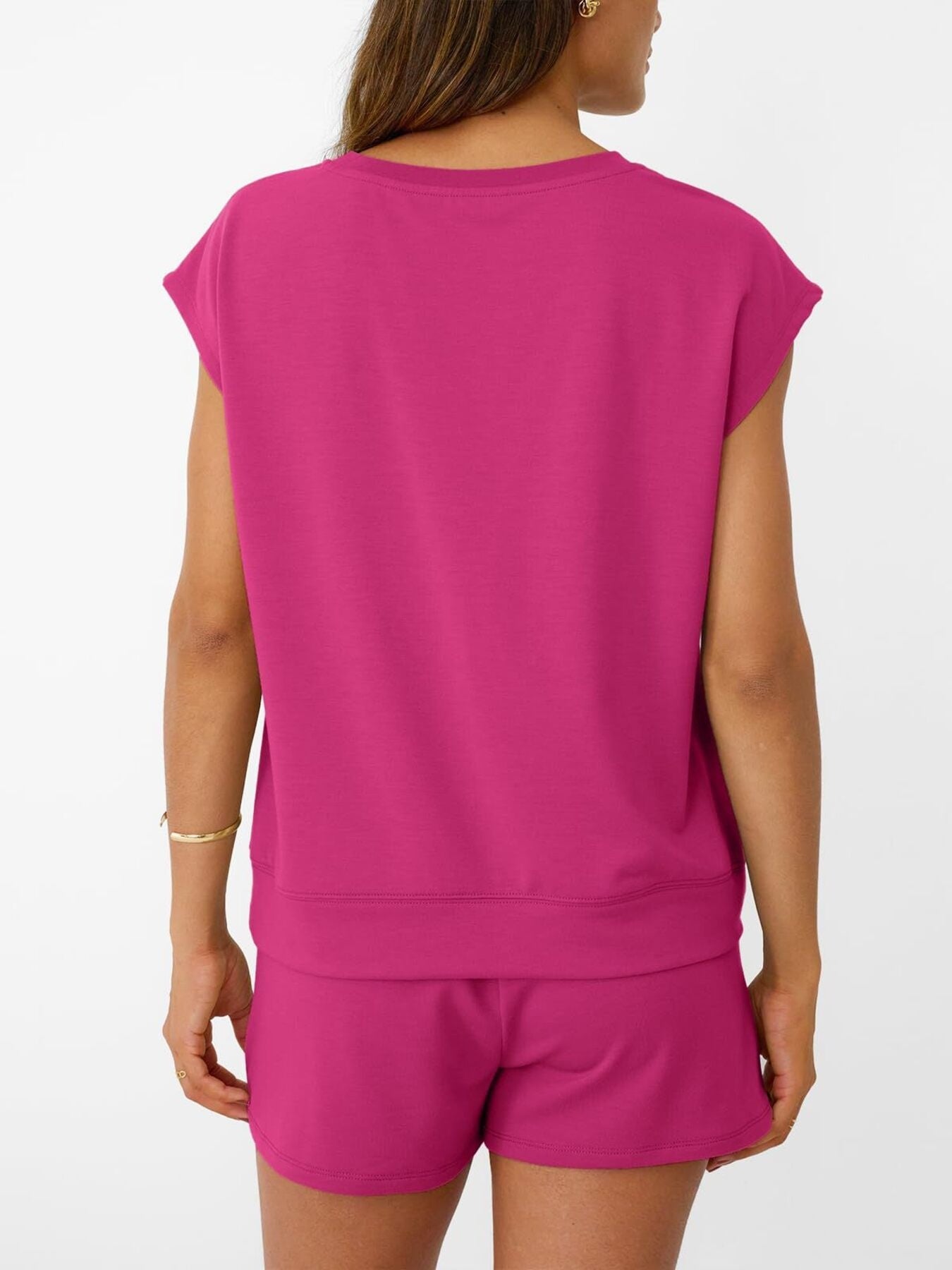 Women's soft round neck cap sleeve lounge set with drawstring shorts, featuring a relaxed fit and comfortable fabric.