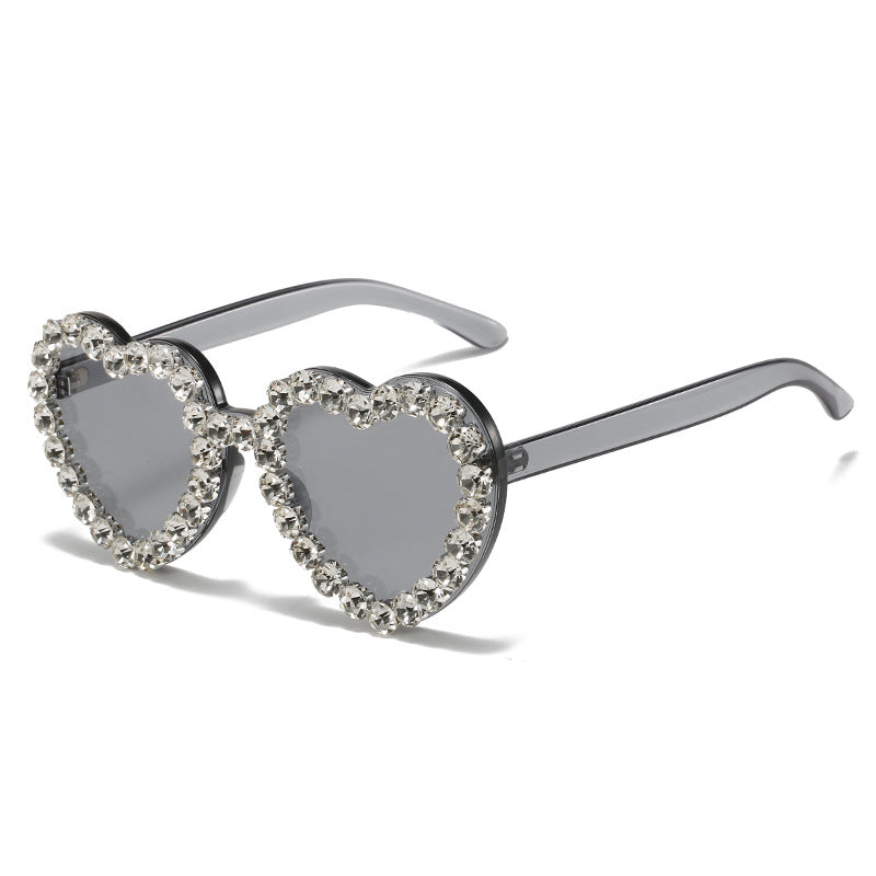 Peach heart-shaped rhinestone sunglasses by FitiqueFit, Y2K INS style, with rhinestone embellishments and trendy eyewear design.