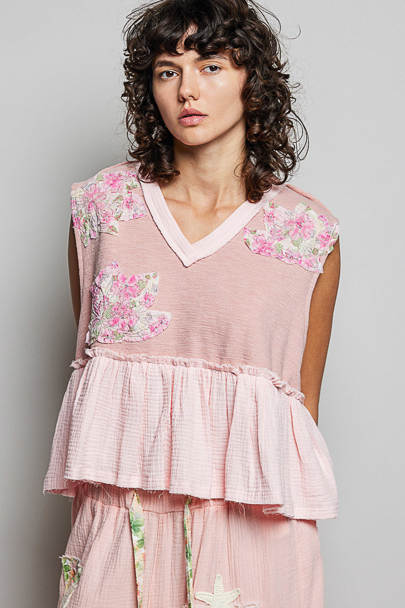 Women's floral patch ruffled sleeveless tank top by Plush Fashion Hub, featuring boho style, raw edges, and a summer-ready design.