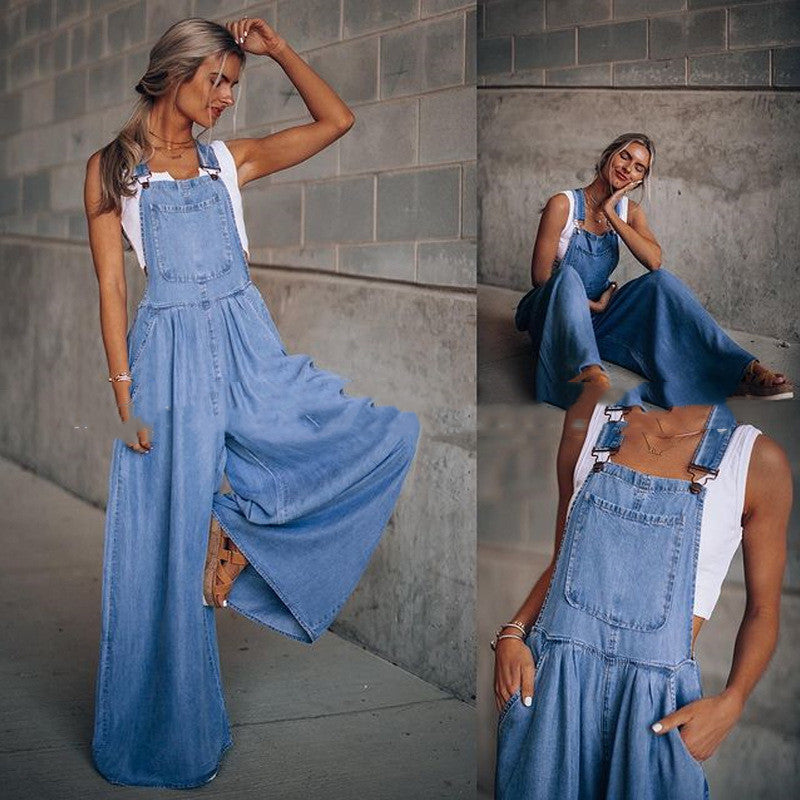 Women’s wide leg denim overalls by FitiqueFit, casualwear with adjustable straps, front pockets, and relaxed fit.