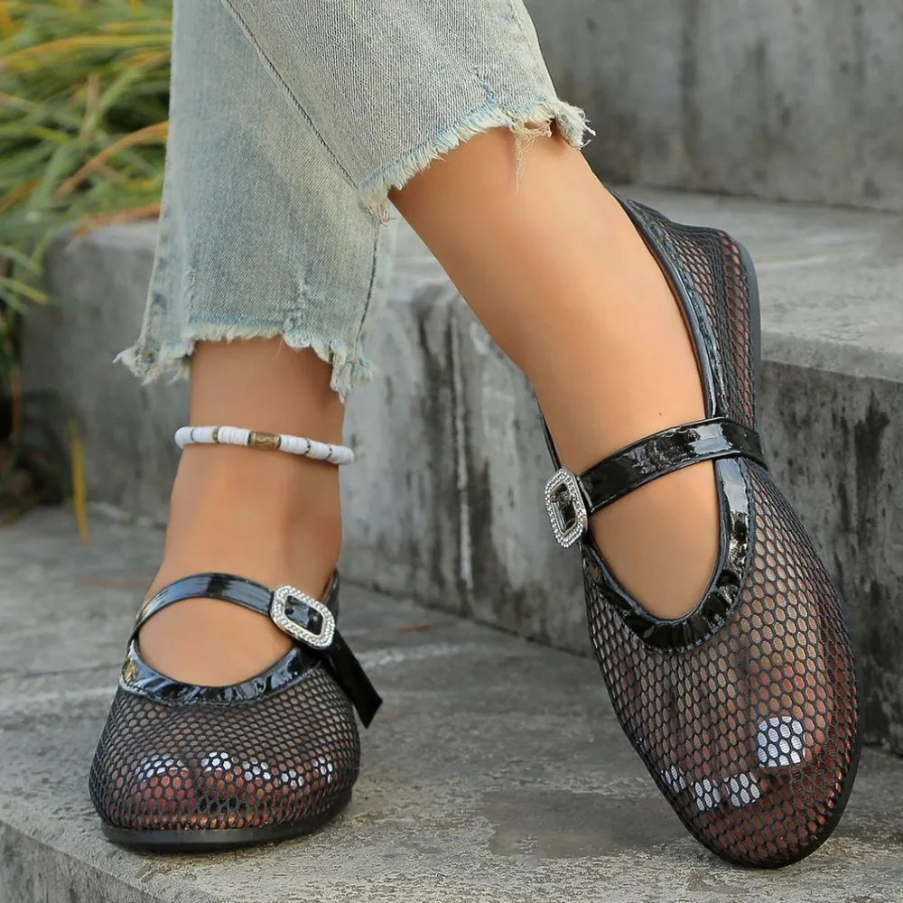 Women's breathable mesh round toe flat sandals by Trendsi, featuring comfortable design and casual style for everyday wear.