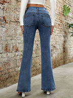 Plush Fashion Shop denim bootcut jeans with classic pockets, showcasing a fitted waist and flared leg design.