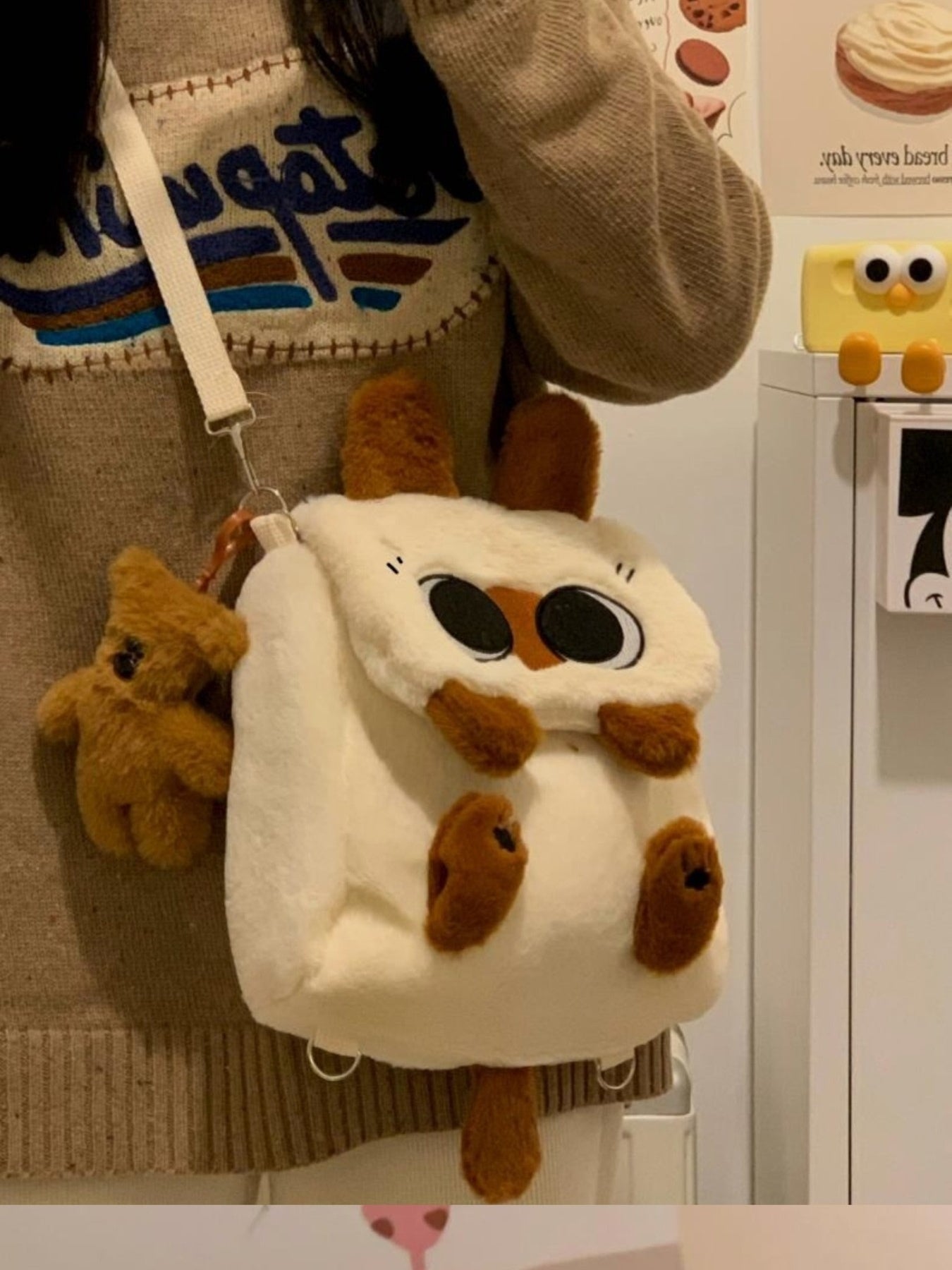 Whimsical plush cat mini backpack by Trendsi featuring soft woolen material, cute cat face design, perfect for casual wear.