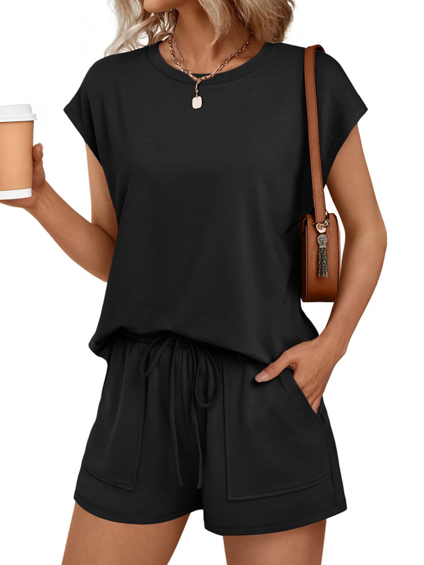 Women's soft round neck cap sleeve lounge set with drawstring shorts, stylish and comfortable two-piece outfit by Trendsi.