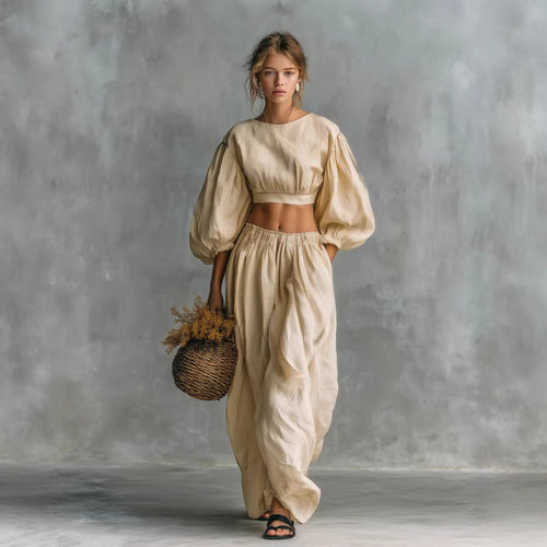 Women's Puff-Sleeve Crew-Neck Two-Piece Set with Pockets FitiqueFit