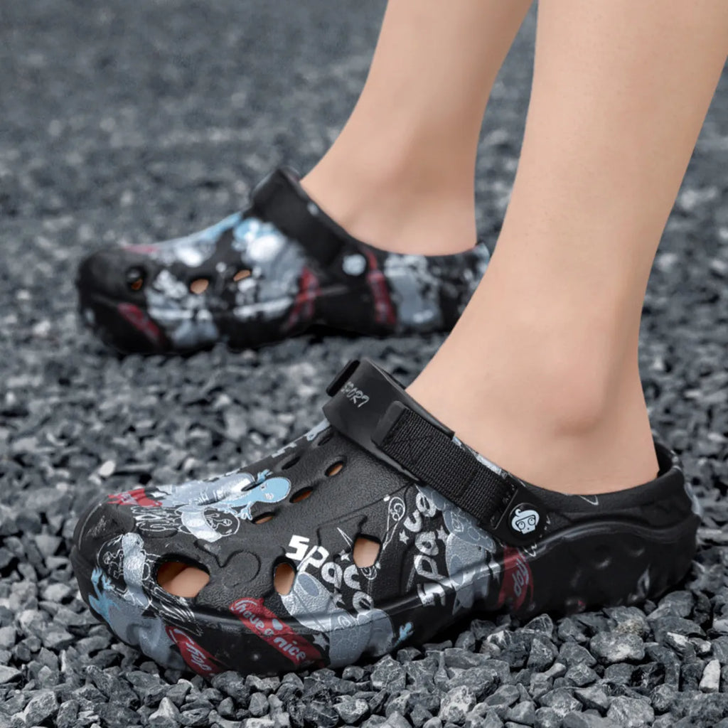Men's printed platform sandals with bold patterns and chunky soles, trendy footwear from Trendsi designed for casual style.