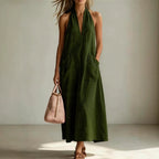 Cotton halterneck sleeveless dress by FitiqueFit featuring a deep V-neck and loose straight-line casualwear style.