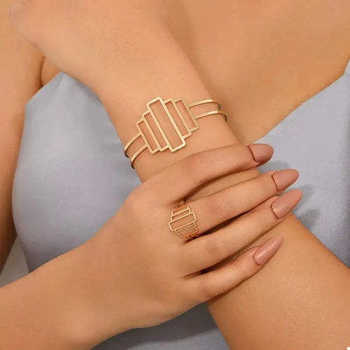 18K Gold-Plated Open Bracelet and Ring Jewelry Set - Plush Fashion Hub