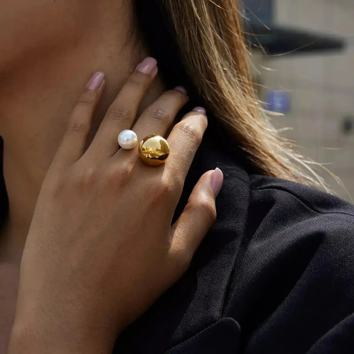 18K Gold-Plated Orb & Pearl Open Ring - Plush Fashion Hub