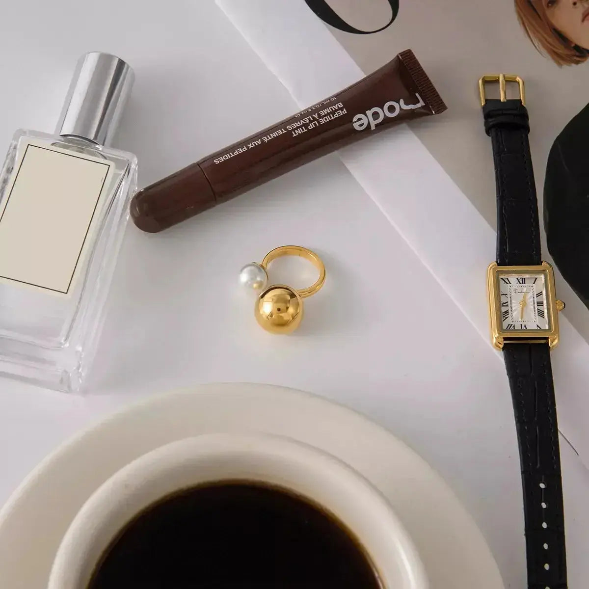18K Gold-Plated Orb & Pearl Open Ring - Plush Fashion Hub