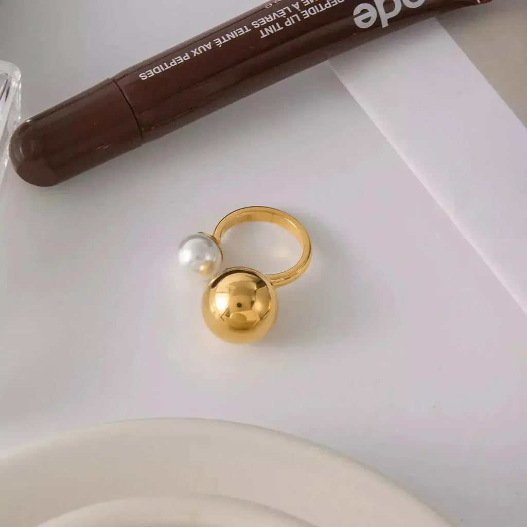 18K Gold-Plated Orb & Pearl Open Ring - Plush Fashion Hub