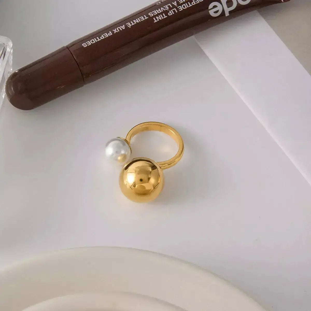 18K Gold-Plated Orb & Pearl Open Ring - Plush Fashion Hub