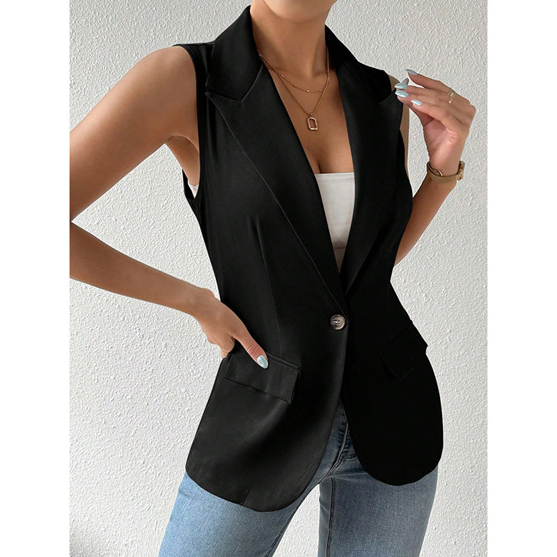 Sleeveless black blazer vest with notched lapels, single-button closure, and two flap pockets.