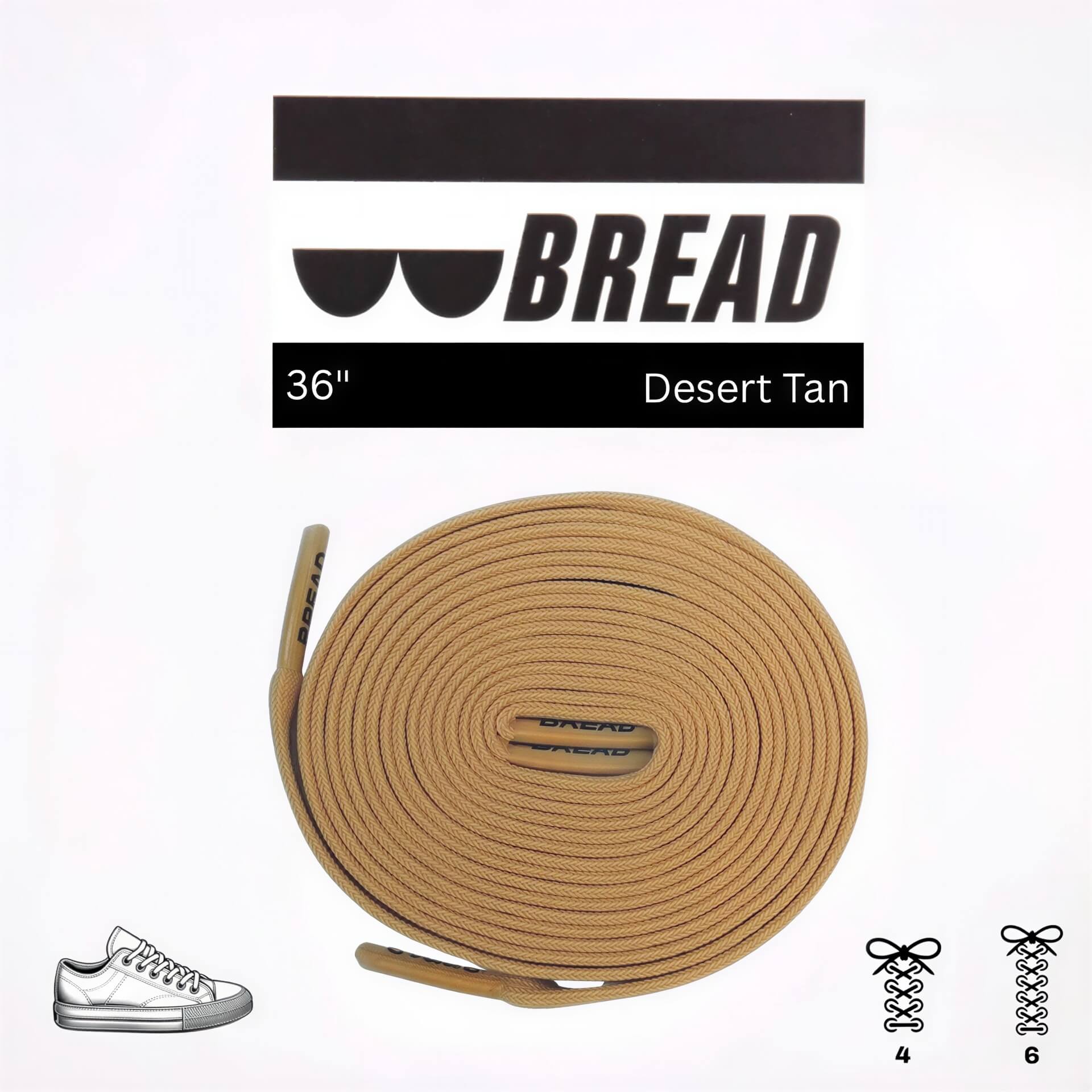 A circular coil of 36-inch Desert Tan flat shoelaces featuring branded plastic aglets with the logo "BREAD."