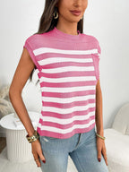Women's striped knit cap sleeve sweater with pocket detail, trendy and casual, perfect for cool weather.