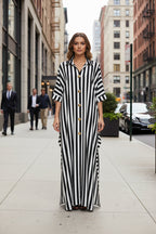 African-inspired striped loose long dress by FitiqueFit in one size, featuring vibrant colors and flowing fabric.