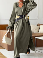 Cotton linen maxi dress with tie neck and flounce sleeves by Trendsi, featuring a flowing silhouette and casual elegance.