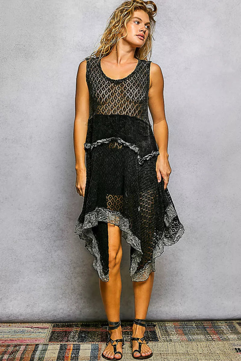 Women's sleeveless cotton lace ruffle dress with handkerchief hem, featuring a feminine, flowy silhouette and delicate lace details.