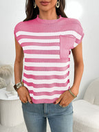 Women's striped knit cap sleeve sweater with pocket detail, stylish and cozy Trendsi fashion top for casual wear