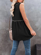 V-neck waffle knit tank top with contrast stitching, light and casual, from Trendsi, featuring a fitted sleeveless design and textured fabric.