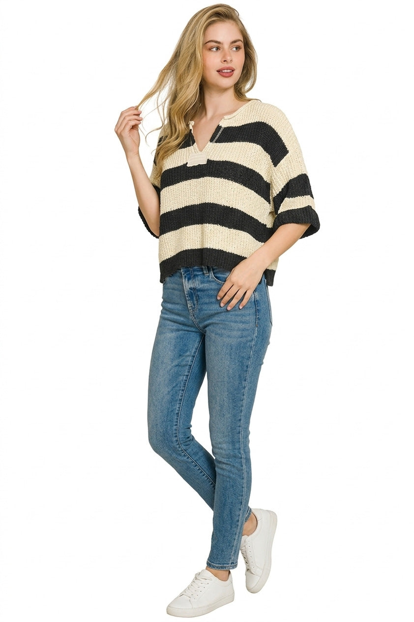 Women's striped knit sweater by Plush Fashion Hub featuring a split neck, lightweight casual pullover, and soft, comfortable fabric.