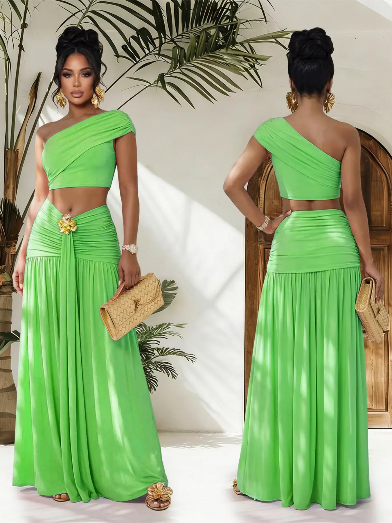 One-shoulder top and ruched maxi skirt set by Trendsi, featuring a stylish off-shoulder top and flowing, gathered skirt.